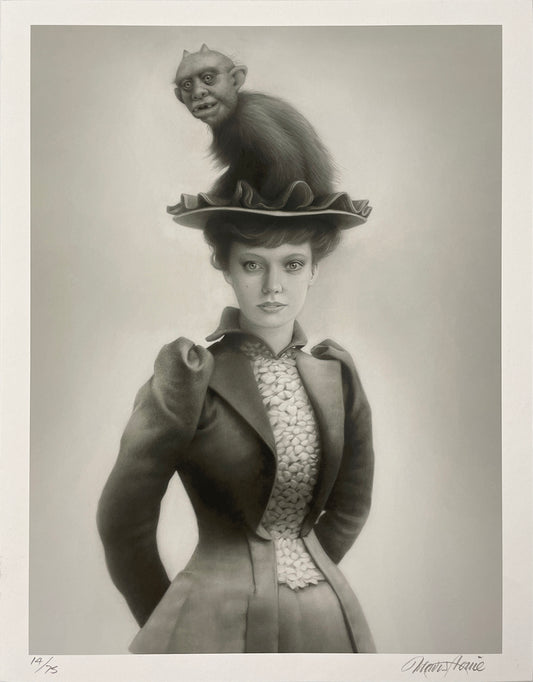 Print by Travis Louie titled Travis Louie - "Miss Eunice and her Hat Gremlin" Print